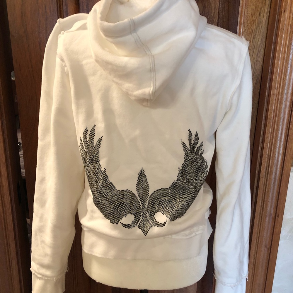 Cream, fleece lined embellished zip hoodie